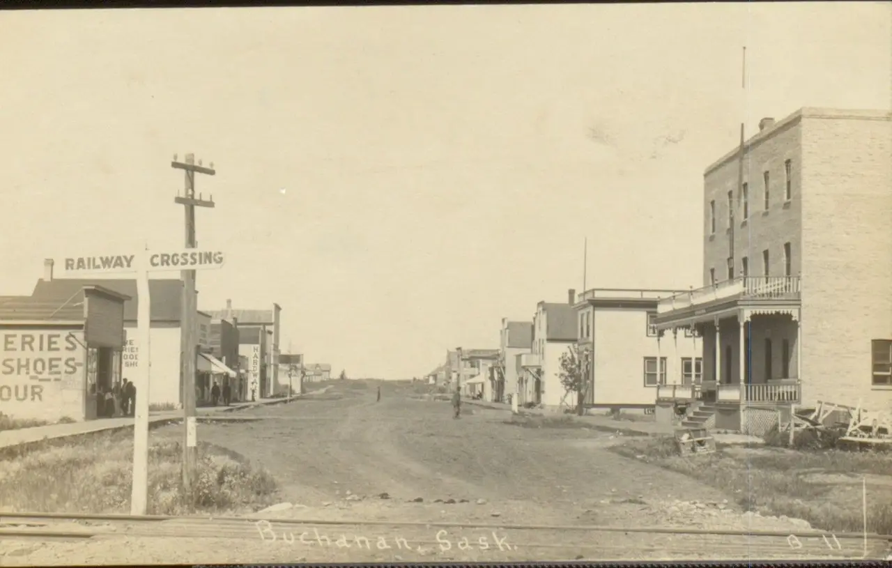 Main Street with railway crossing, about 1910