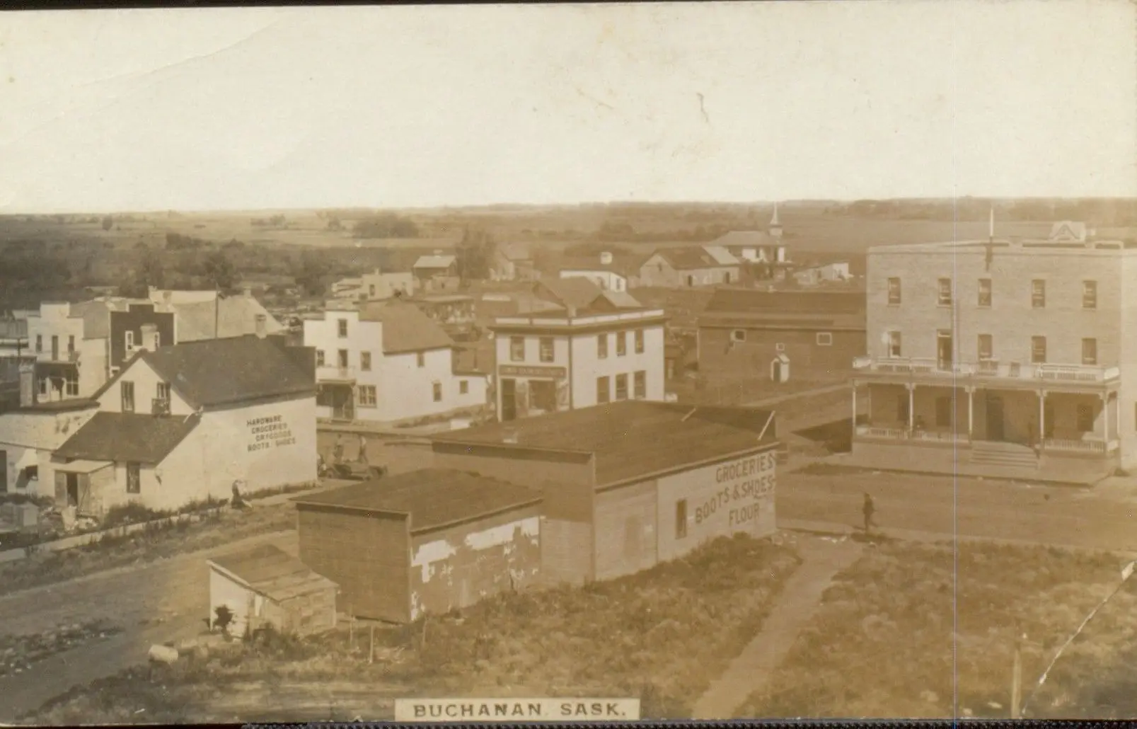 Elevated view of the town's main street and buildings